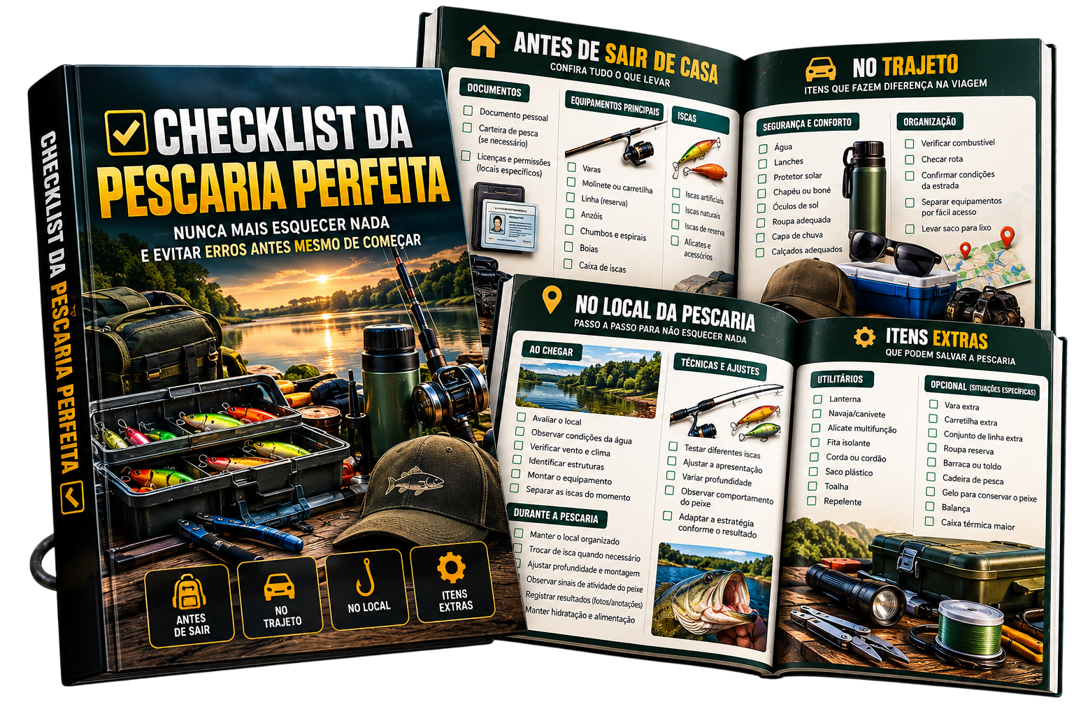 Mockup do Checklist da Pescaria Perfeita, com orientações antes de sair, no trajeto e no local da pesca