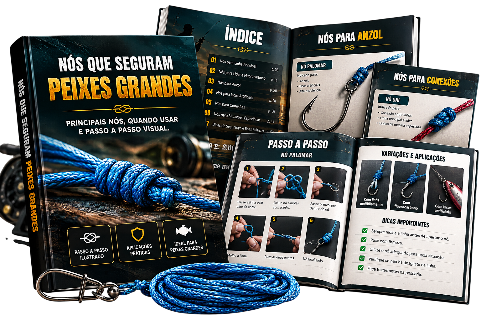Mockup do guia Nós que Seguram Peixes Grandes, com exemplos de nós e passo a passo