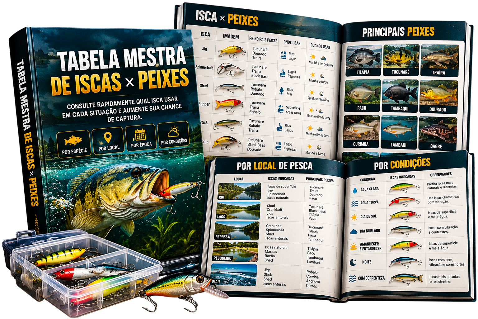 Mockup da Tabela Mestra de Iscas × Peixes, com indicações por espécie, local e condições de pesca
