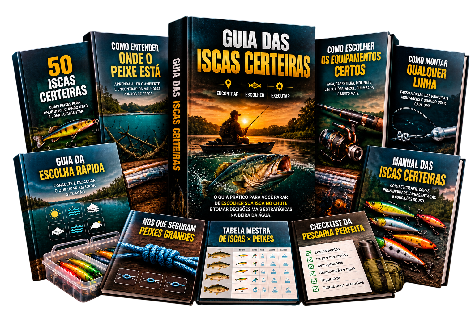 Kit completo do Guia das Iscas Certeiras, com guias de pesca e materiais bônus