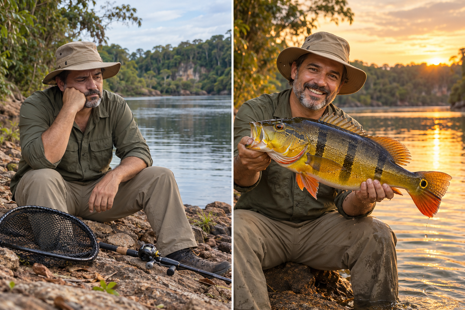 Comparação ilustrativa: à esquerda, pescador sem captura; à direita, o mesmo pescador segurando um grande tucunaré.